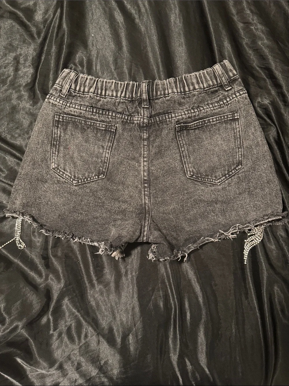 Rhinestone Fringe Distressed Black Denim Shorts